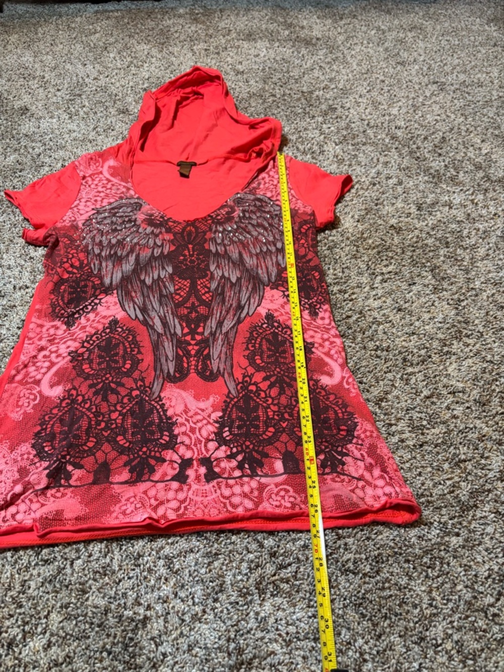 E87 Copper Key Coral Hooded V-Neck Tee with Angel Wing Graphic, Size XL - Picture 4 of 6